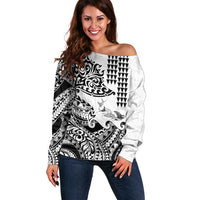 Hawaiian Tribal Manta Ray Off Shoulder Sweater Kakau Tattoo and Polynesian Art Motif Pattern
