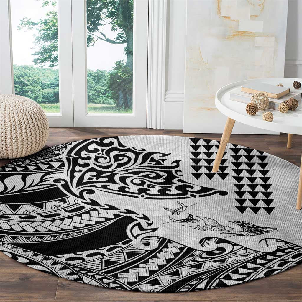 Hawaiian Tribal Manta Ray Round Carpet Kakau Tattoo and Polynesian Art Motif Pattern