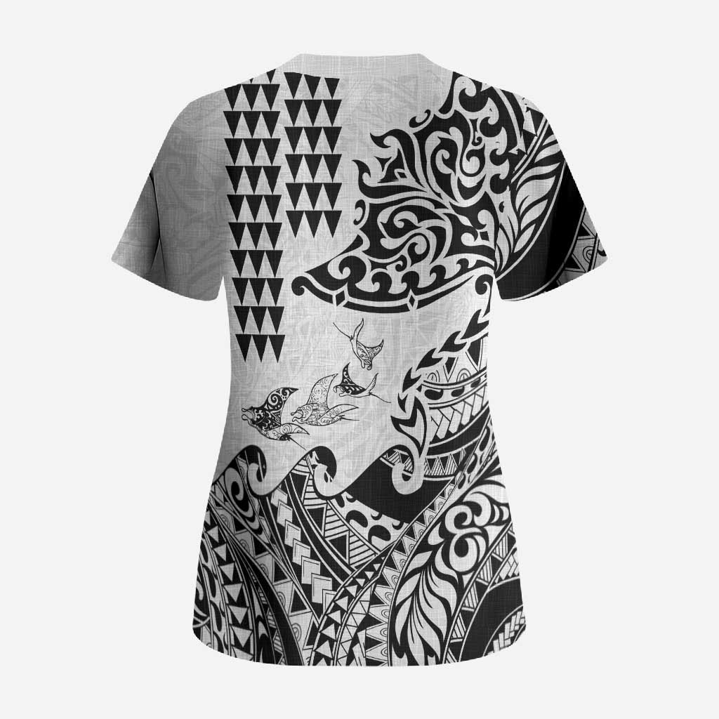 Hawaiian Tribal Manta Ray Scrub Top Kakau Tattoo and Polynesian Art Motif Pattern