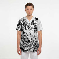 Hawaiian Tribal Manta Ray Scrub Top Kakau Tattoo and Polynesian Art Motif Pattern