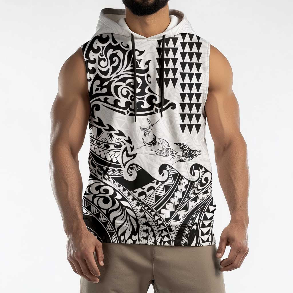 Hawaiian Tribal Manta Ray Sleeveless Hoodie Kakau Tattoo and Polynesian Art Motif Pattern