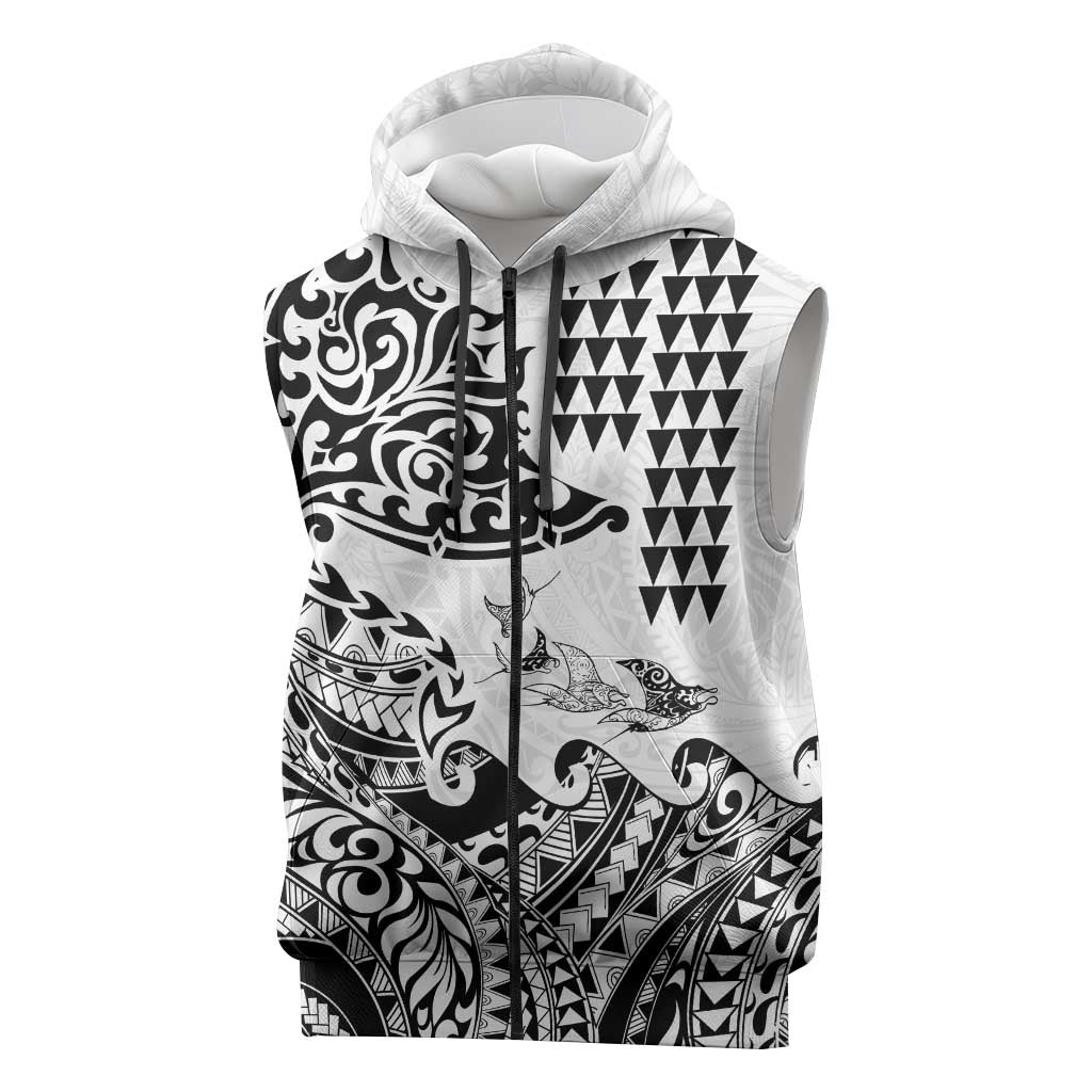 Hawaiian Tribal Manta Ray Sleeveless Zip Hoodie Kakau Tattoo and Polynesian Art Motif Pattern