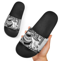 Hawaiian Tribal Manta Ray Slide Sandals Kakau Tattoo and Polynesian Art Motif Pattern