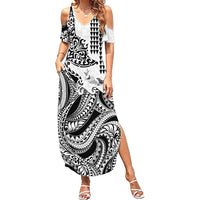 Hawaiian Tribal Manta Ray Summer Maxi Dress Kakau Tattoo and Polynesian Art Motif Pattern