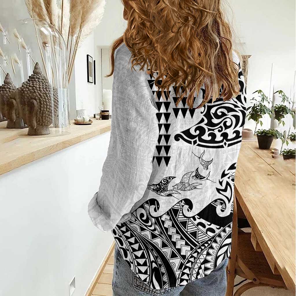 Hawaiian Tribal Manta Ray Women Casual Shirt Kakau Tattoo and Polynesian Art Motif Pattern LT03 - Polynesian Pride
