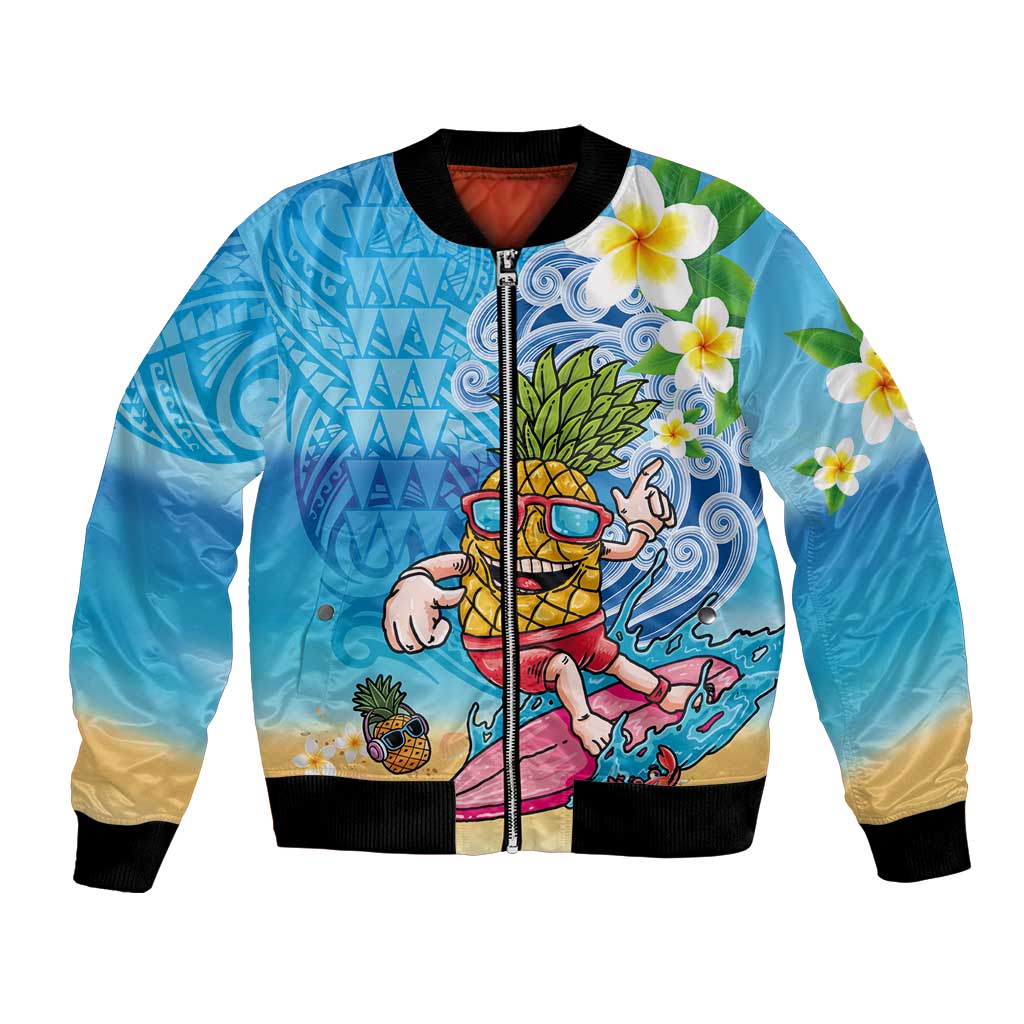 Hawaiian Funny Pineapple Surfing Bomber Jacket Beach with Tribal Kakau and Plumeria