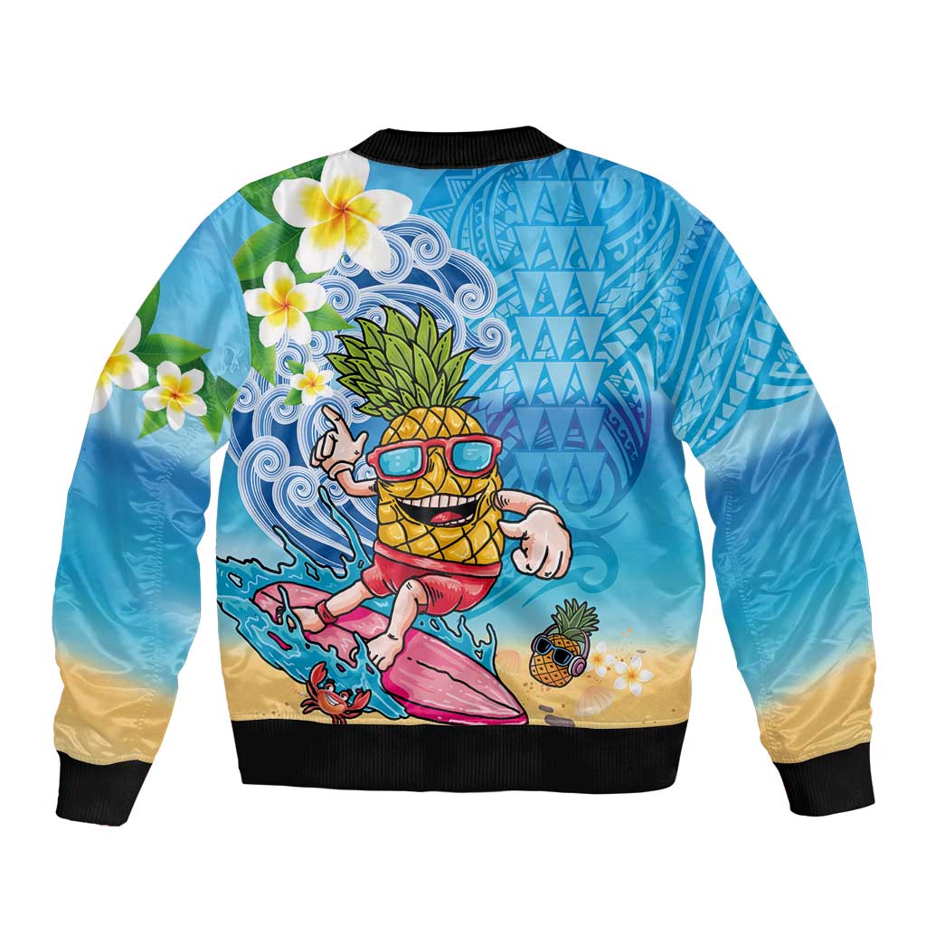Hawaiian Funny Pineapple Surfing Bomber Jacket Beach with Tribal Kakau and Plumeria