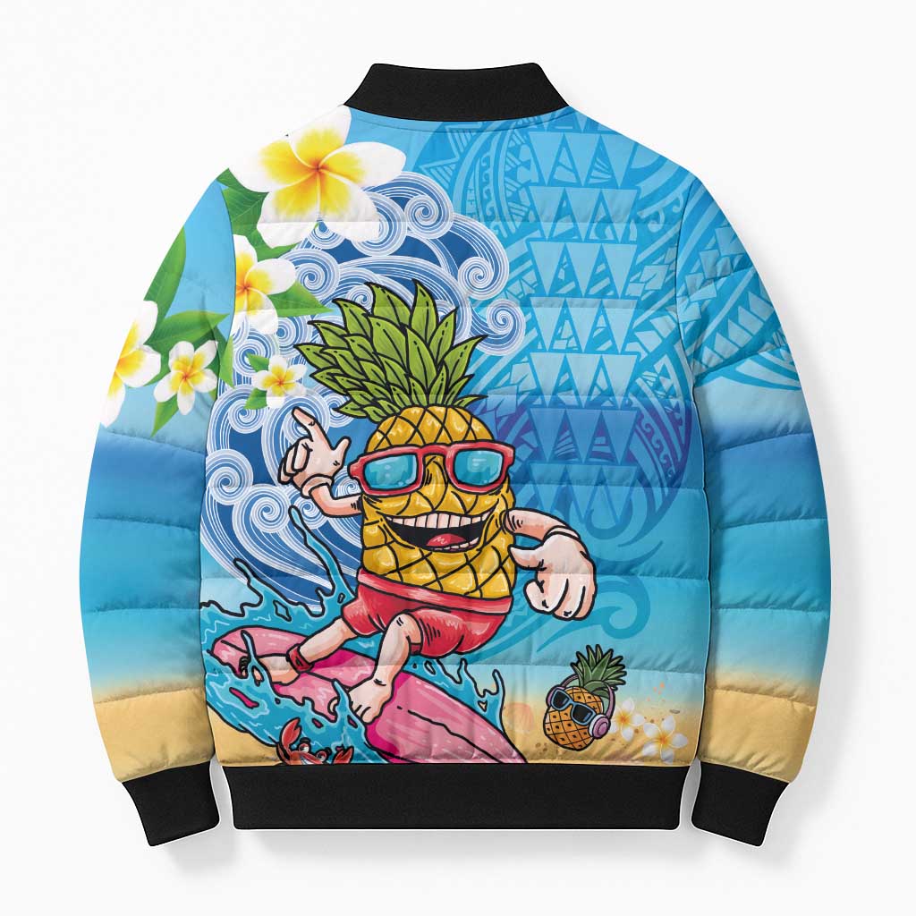 Hawaiian Funny Pineapple Surfing Bomber Puffer Jacket Beach with Tribal Kakau and Plumeria