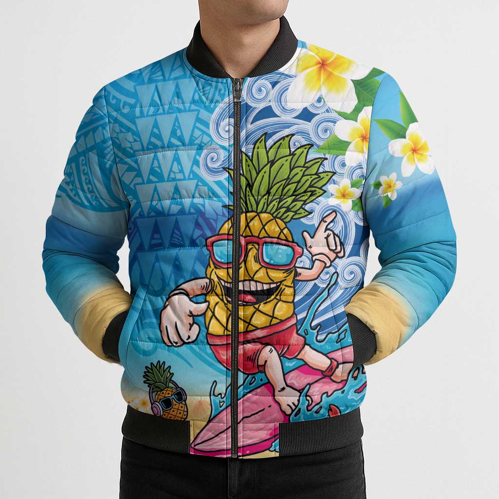 Hawaiian Funny Pineapple Surfing Bomber Puffer Jacket Beach with Tribal Kakau and Plumeria
