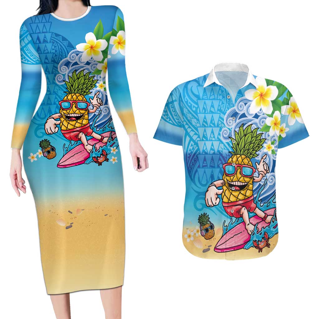 Hawaiian Funny Pineapple Surfing Couples Matching Long Sleeve Bodycon Dress and Hawaiian Shirt Beach with Tribal Kakau and Plumeria LT03 Multicolor - Polynesian Pride