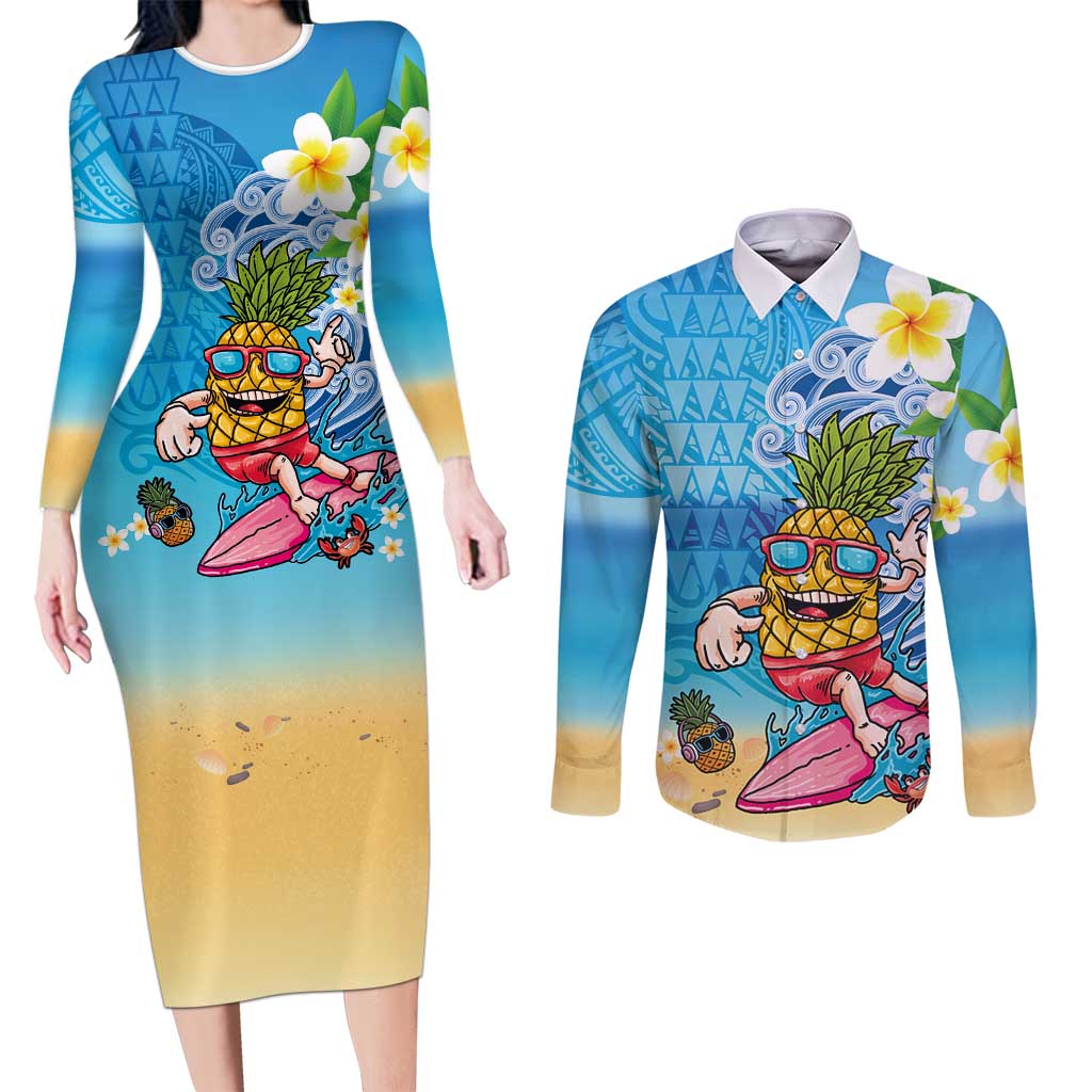 Hawaiian Funny Pineapple Surfing Couples Matching Long Sleeve Bodycon Dress and Long Sleeve Button Shirt Beach with Tribal Kakau and Plumeria