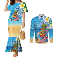 Hawaiian Funny Pineapple Surfing Couples Matching Mermaid Dress and Long Sleeve Button Shirt Beach with Tribal Kakau and Plumeria LT03 Multicolor - Polynesian Pride