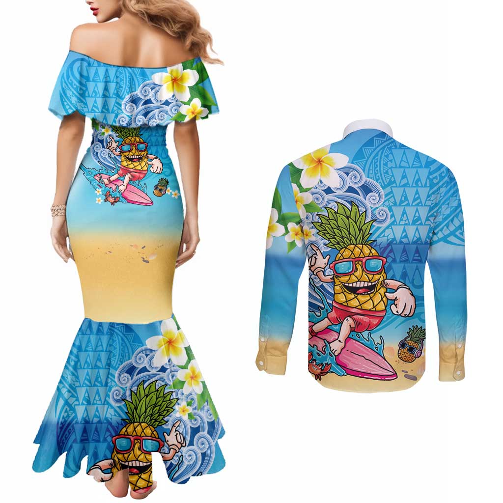 Hawaiian Funny Pineapple Surfing Couples Matching Mermaid Dress and Long Sleeve Button Shirt Beach with Tribal Kakau and Plumeria LT03 - Polynesian Pride