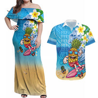 Hawaiian Funny Pineapple Surfing Couples Matching Off Shoulder Maxi Dress and Hawaiian Shirt Beach with Tribal Kakau and Plumeria LT03 Multicolor - Polynesian Pride