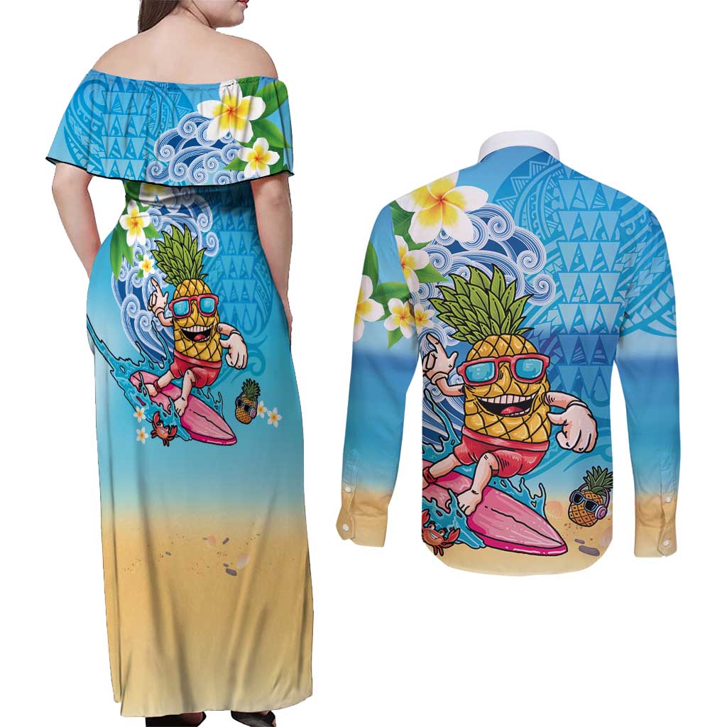 Hawaiian Funny Pineapple Surfing Couples Matching Off Shoulder Maxi Dress and Long Sleeve Button Shirt Beach with Tribal Kakau and Plumeria LT03 - Polynesian Pride