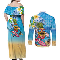 Hawaiian Funny Pineapple Surfing Couples Matching Off Shoulder Maxi Dress and Long Sleeve Button Shirt Beach with Tribal Kakau and Plumeria LT03 - Polynesian Pride