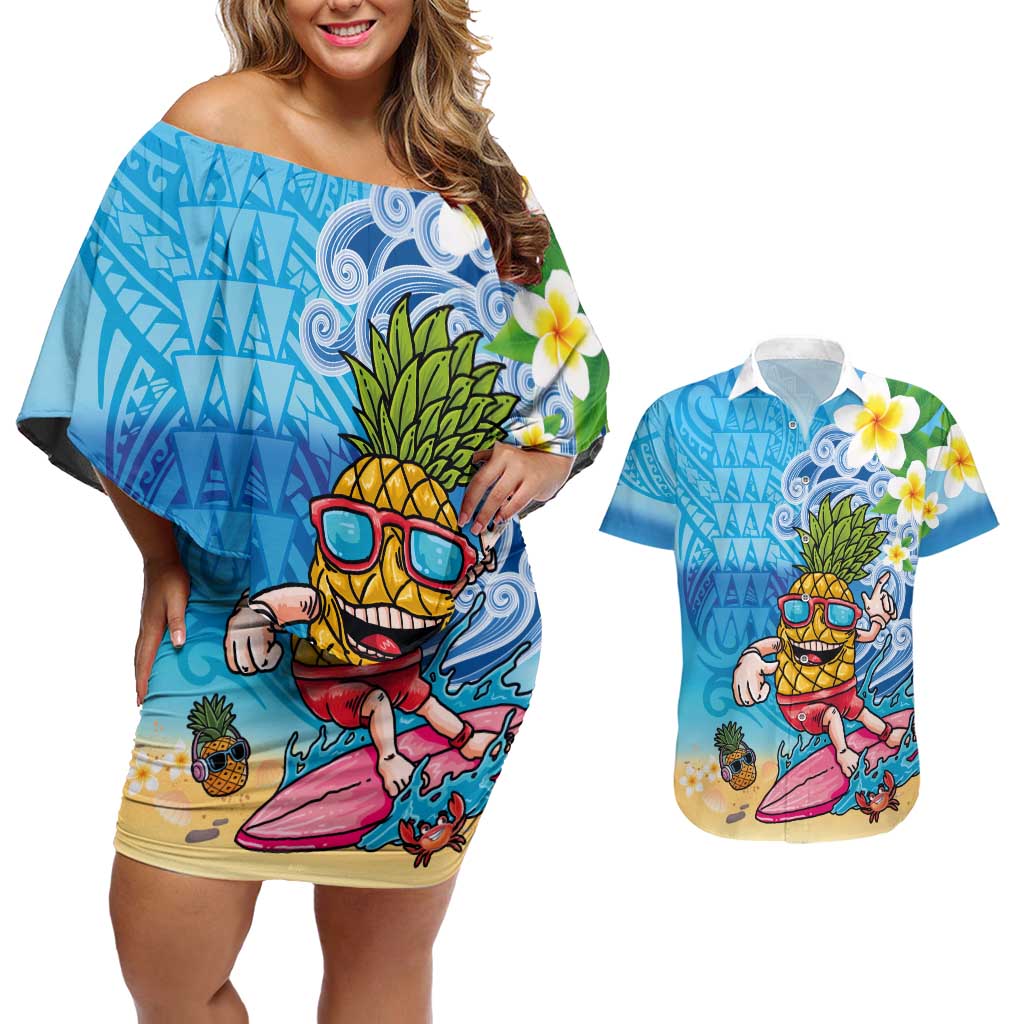 Hawaiian Funny Pineapple Surfing Couples Matching Off Shoulder Short Dress and Hawaiian Shirt Beach with Tribal Kakau and Plumeria