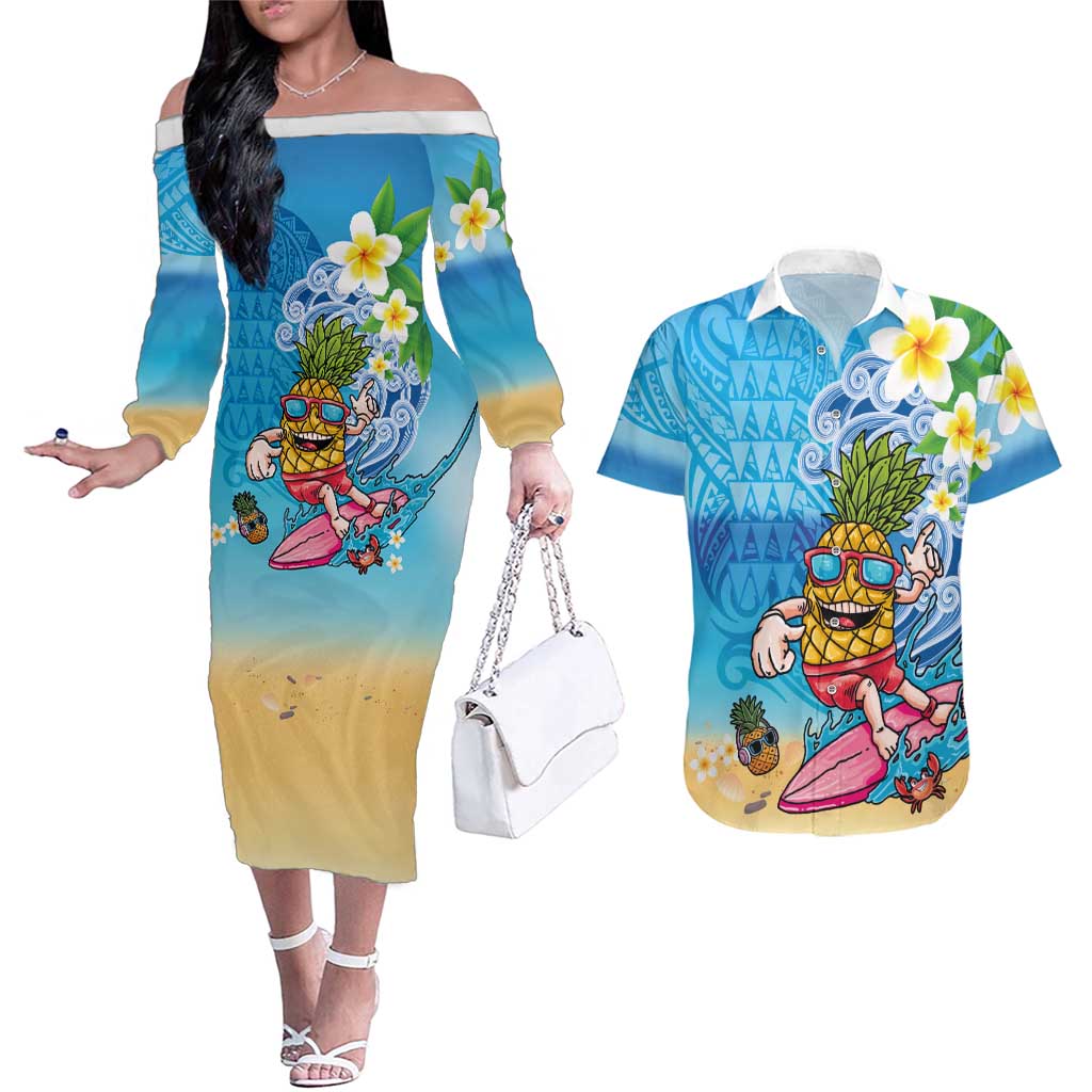 Hawaiian Funny Pineapple Surfing Couples Matching Off The Shoulder Long Sleeve Dress and Hawaiian Shirt Beach with Tribal Kakau and Plumeria LT03 Multicolor - Polynesian Pride