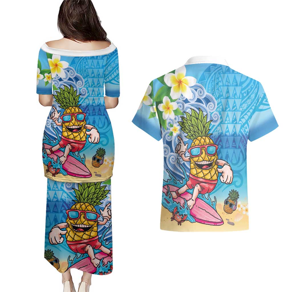 Hawaiian Funny Pineapple Surfing Couples Matching Puletasi and Hawaiian Shirt Beach with Tribal Kakau and Plumeria LT03 - Polynesian Pride