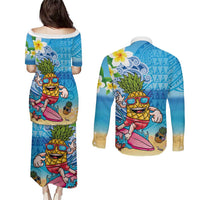 Hawaiian Funny Pineapple Surfing Couples Matching Puletasi and Long Sleeve Button Shirt Beach with Tribal Kakau and Plumeria LT03 - Polynesian Pride