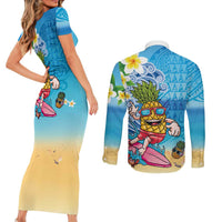 Hawaiian Funny Pineapple Surfing Couples Matching Short Sleeve Bodycon Dress and Long Sleeve Button Shirt Beach with Tribal Kakau and Plumeria LT03 - Polynesian Pride