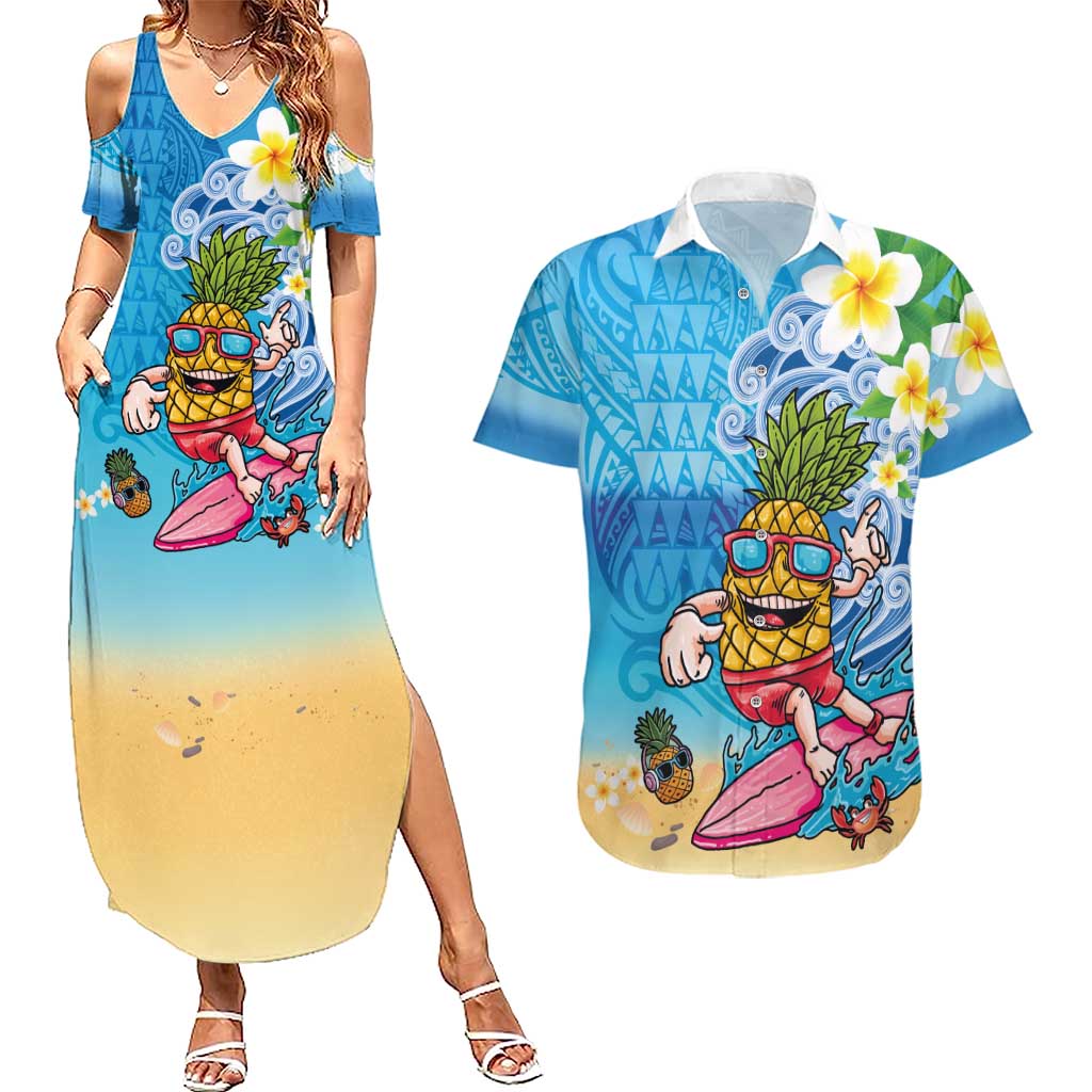 Hawaiian Funny Pineapple Surfing Couples Matching Summer Maxi Dress and Hawaiian Shirt Beach with Tribal Kakau and Plumeria LT03 Multicolor - Polynesian Pride