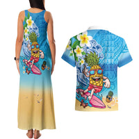 Hawaiian Funny Pineapple Surfing Couples Matching Tank Maxi Dress and Hawaiian Shirt Beach with Tribal Kakau and Plumeria LT03 - Polynesian Pride