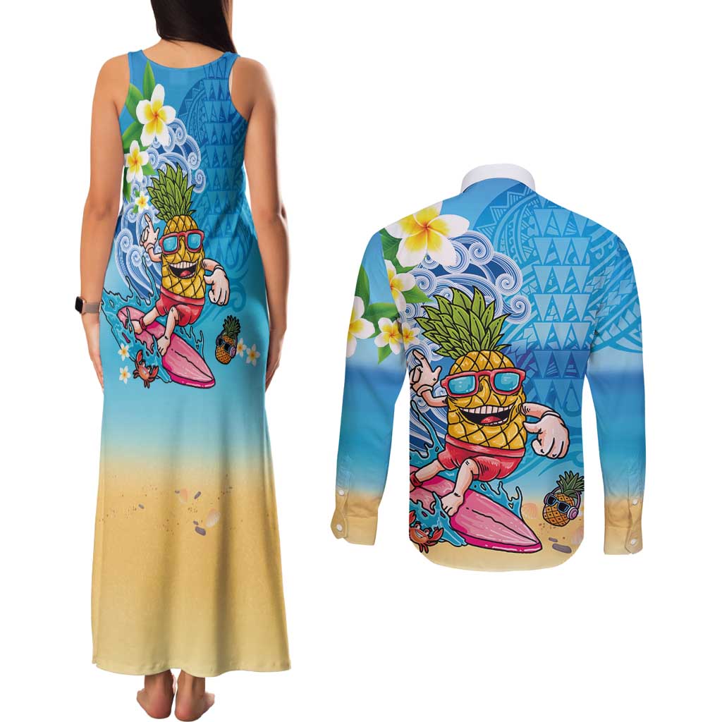 Hawaiian Funny Pineapple Surfing Couples Matching Tank Maxi Dress and Long Sleeve Button Shirt Beach with Tribal Kakau and Plumeria LT03 - Polynesian Pride