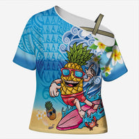 Hawaiian Funny Pineapple Surfing Cross Shoulder Shirt Beach with Tribal Kakau and Plumeria