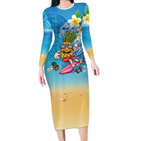 Hawaiian Funny Pineapple Surfing Family Matching Long Sleeve Bodycon Dress and Hawaiian Shirt Beach with Tribal Kakau and Plumeria LT03 Mom's Dress Multicolor - Polynesian Pride