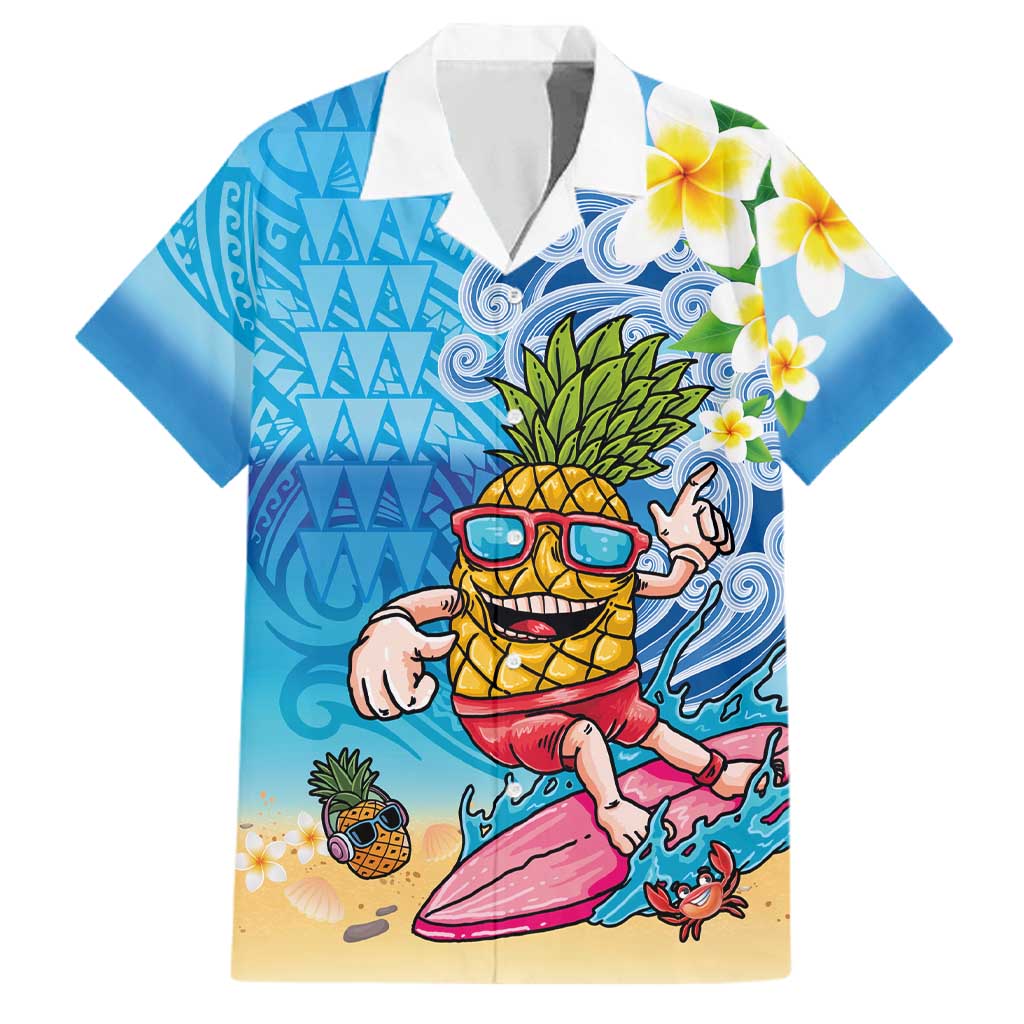 Hawaiian Funny Pineapple Surfing Family Matching Off Shoulder Maxi Dress and Hawaiian Shirt Beach with Tribal Kakau and Plumeria LT03 Dad's Shirt - Short Sleeve Multicolor - Polynesian Pride