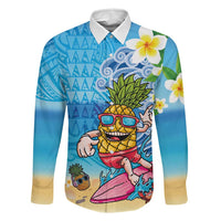 Hawaiian Funny Pineapple Surfing Family Matching Off Shoulder Maxi Dress and Hawaiian Shirt Beach with Tribal Kakau and Plumeria LT03 Dad's Shirt - Long Sleeve Multicolor - Polynesian Pride
