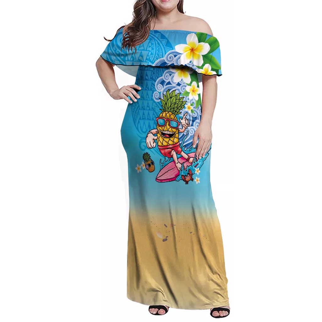 Hawaiian Funny Pineapple Surfing Family Matching Off Shoulder Maxi Dress and Hawaiian Shirt Beach with Tribal Kakau and Plumeria LT03 Mom's Dress Multicolor - Polynesian Pride