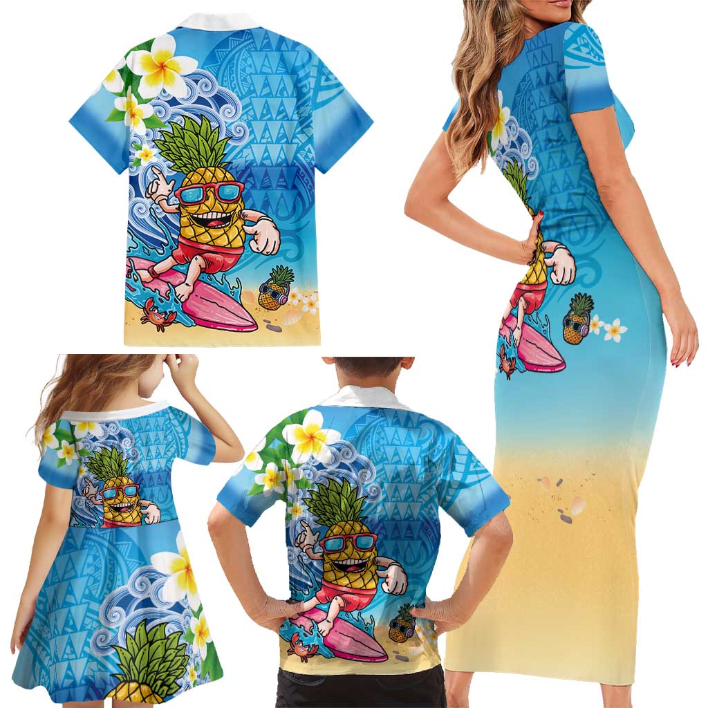 Hawaiian Funny Pineapple Surfing Family Matching Short Sleeve Bodycon Dress and Hawaiian Shirt Beach with Tribal Kakau and Plumeria LT03 - Polynesian Pride
