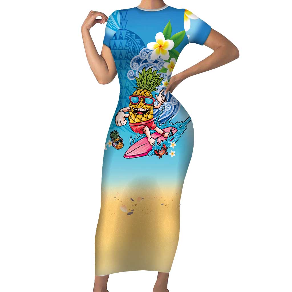 Hawaiian Funny Pineapple Surfing Family Matching Short Sleeve Bodycon Dress and Hawaiian Shirt Beach with Tribal Kakau and Plumeria LT03 Mom's Dress Multicolor - Polynesian Pride