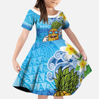 Hawaiian Funny Pineapple Surfing Family Matching Summer Maxi Dress and Hawaiian Shirt Beach with Tribal Kakau and Plumeria LT03 Daughter's Dress Multicolor - Polynesian Pride