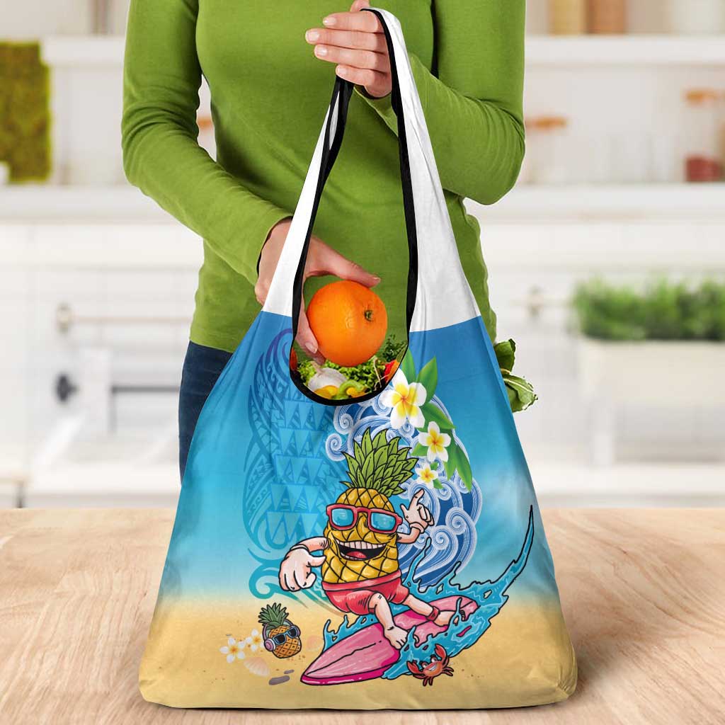 Hawaiian Funny Pineapple Surfing Grocery Bag Beach with Tribal Kakau and Plumeria