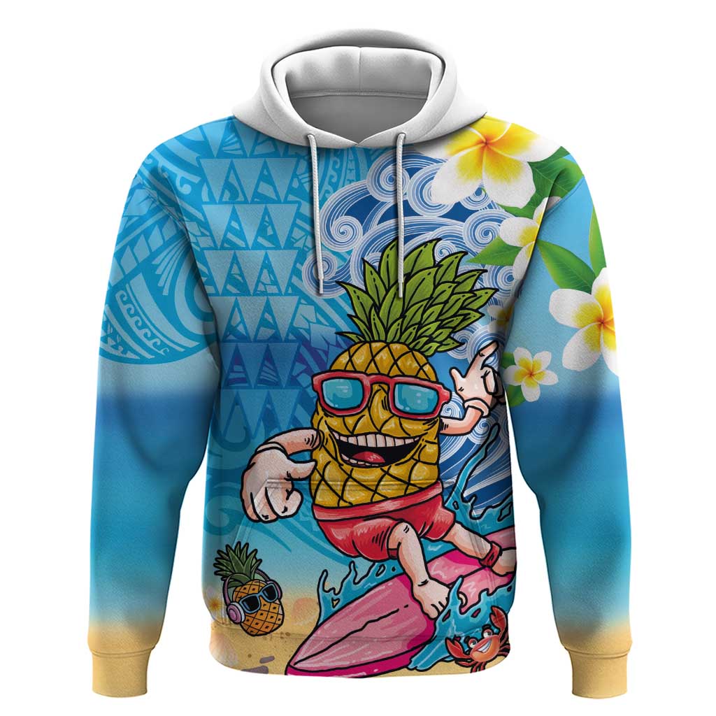 Hawaiian Funny Pineapple Surfing Hoodie Beach with Tribal Kakau and Plumeria LT03 Pullover Hoodie Multicolor - Polynesian Pride