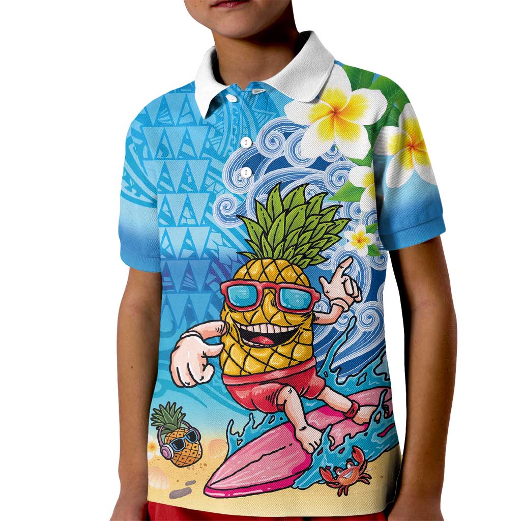 Hawaiian Funny Pineapple Surfing Kid Polo Shirt Beach with Tribal Kakau and Plumeria