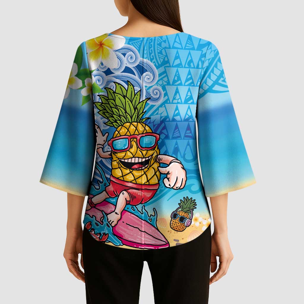 Hawaiian Funny Pineapple Surfing Kimono Sleeve Blouse Beach with Tribal Kakau and Plumeria