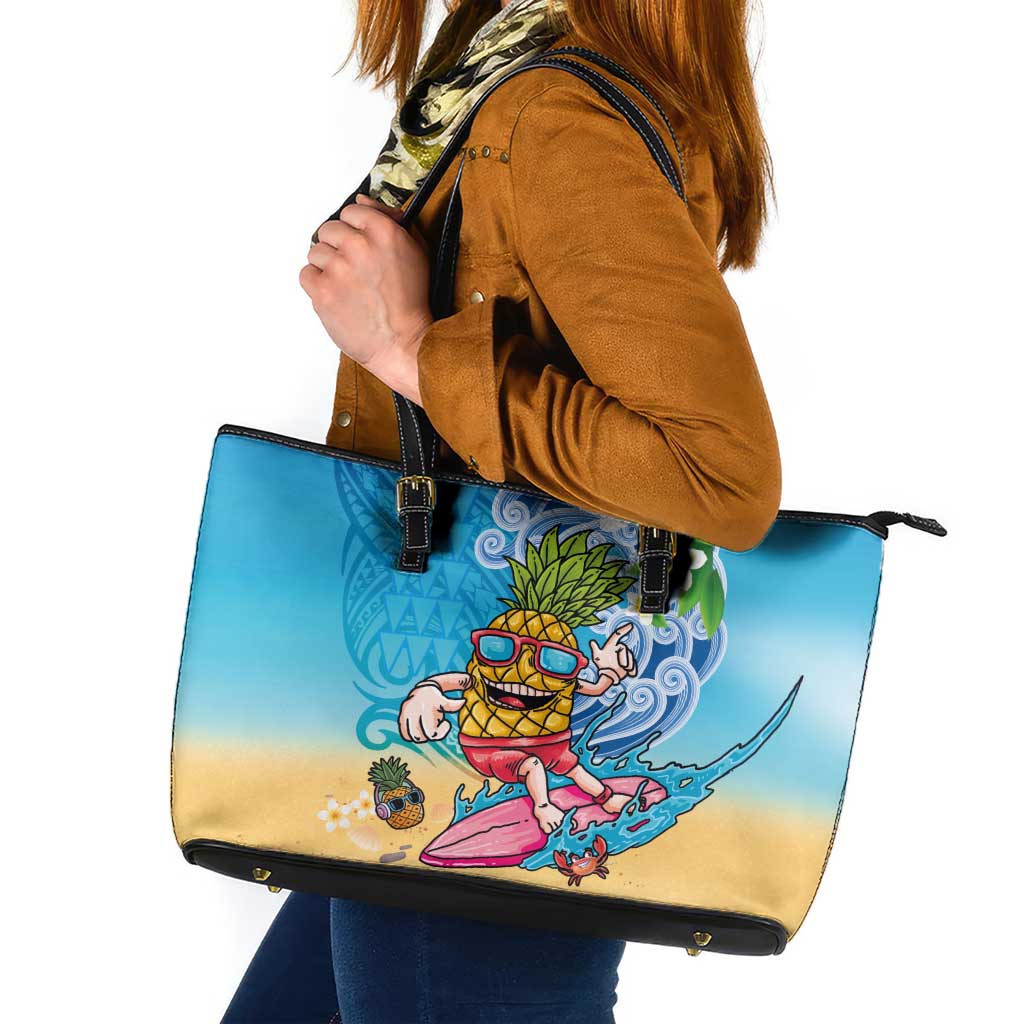 Hawaiian Funny Pineapple Surfing Leather Tote Bag Beach with Tribal Kakau and Plumeria