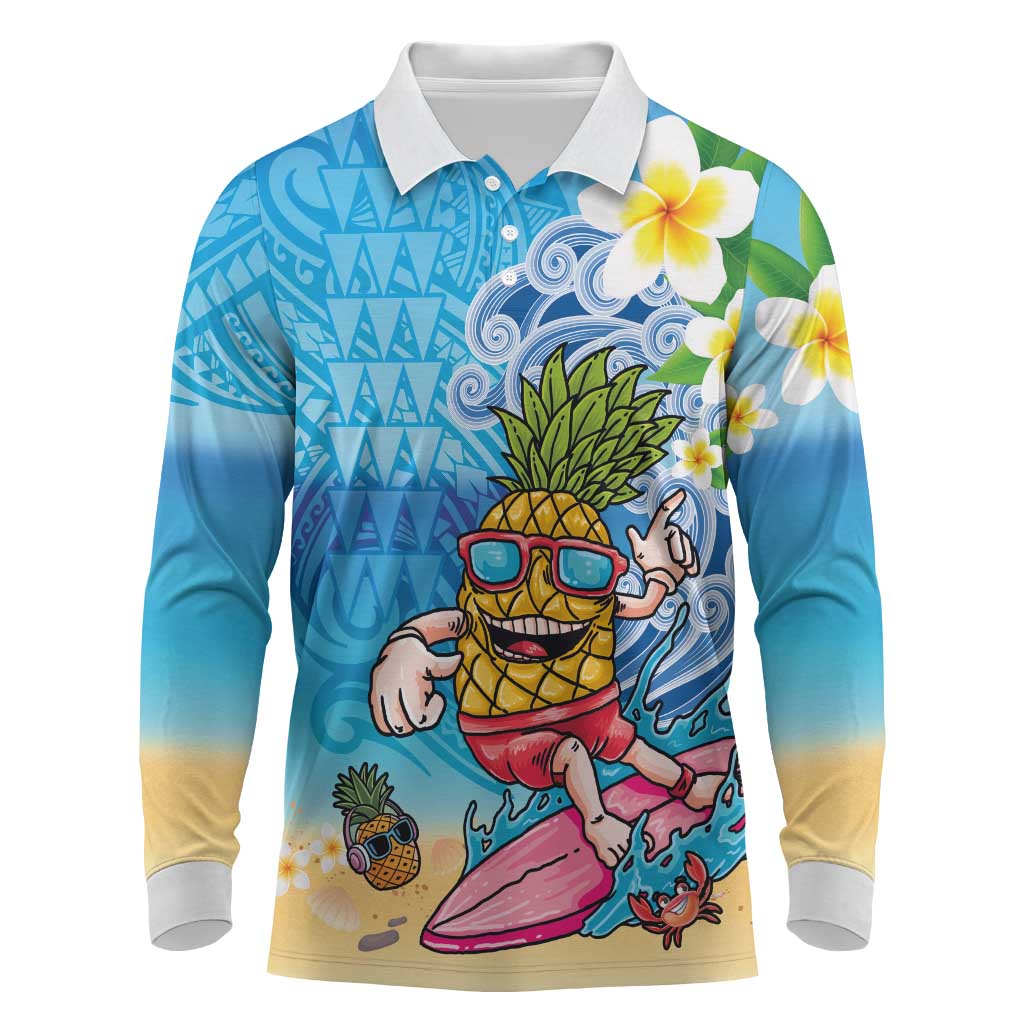 Hawaiian Funny Pineapple Surfing Long Sleeve Polo Shirt Beach with Tribal Kakau and Plumeria