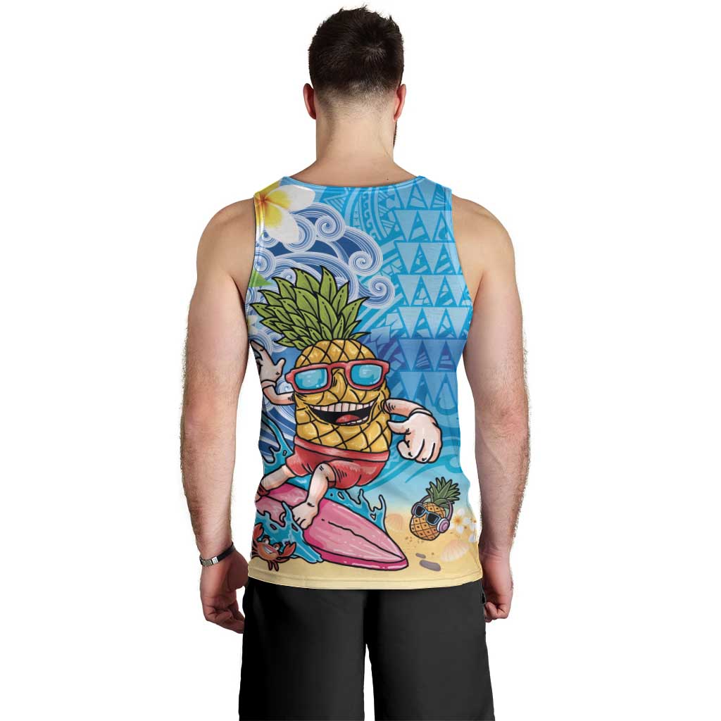 Hawaiian Funny Pineapple Surfing Men Tank Top Beach with Tribal Kakau and Plumeria