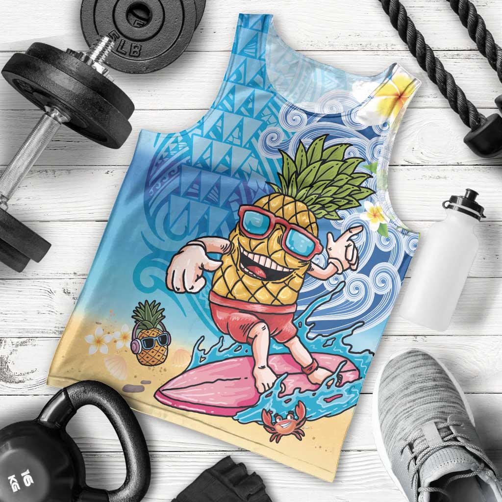 Hawaiian Funny Pineapple Surfing Men Tank Top Beach with Tribal Kakau and Plumeria