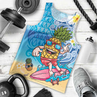 Hawaiian Funny Pineapple Surfing Men Tank Top Beach with Tribal Kakau and Plumeria