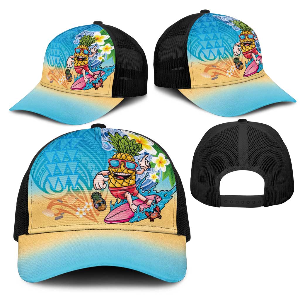 Hawaiian Funny Pineapple Surfing Mesh Trucker Cap Beach with Tribal Kakau and Plumeria