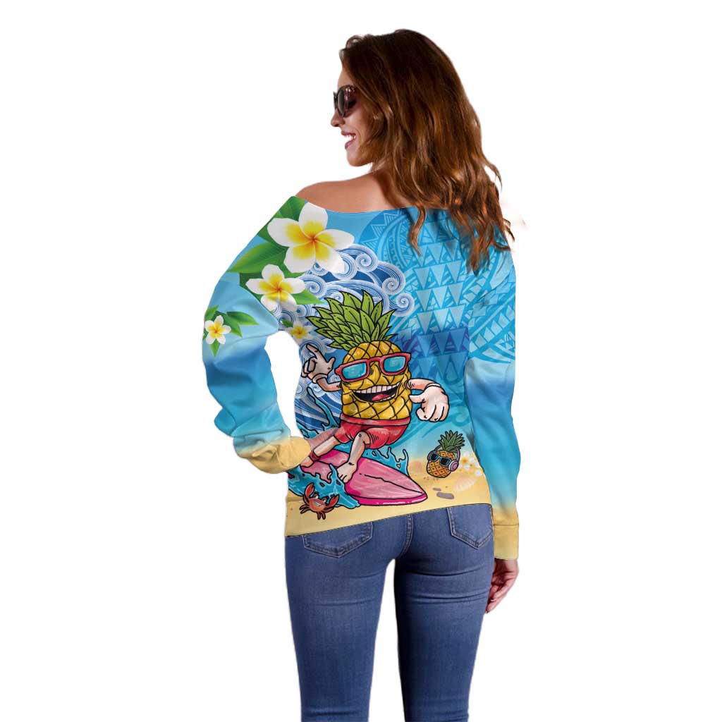 Hawaiian Funny Pineapple Surfing Off Shoulder Sweater Beach with Tribal Kakau and Plumeria