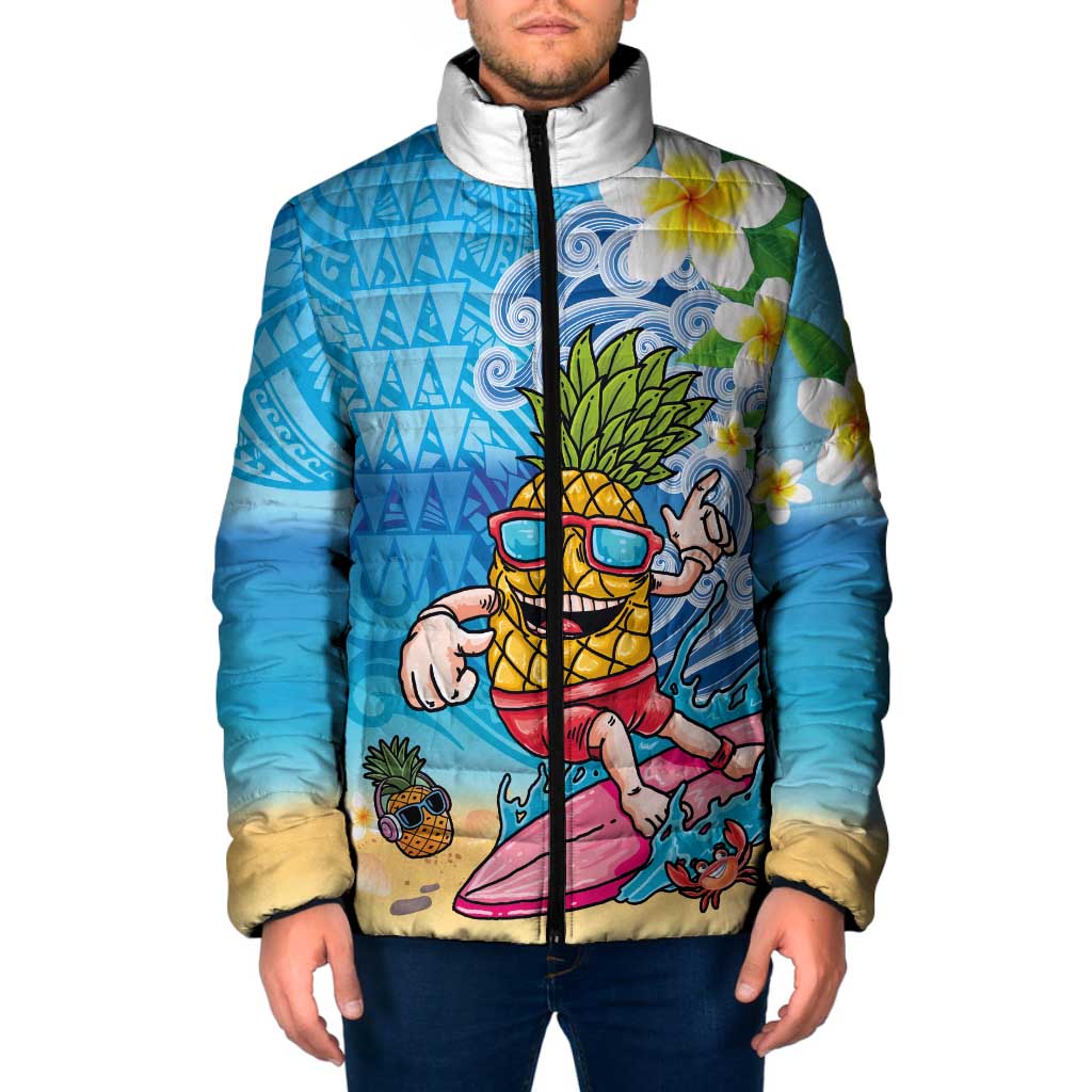 Hawaiian Funny Pineapple Surfing Padded Jacket Beach with Tribal Kakau and Plumeria