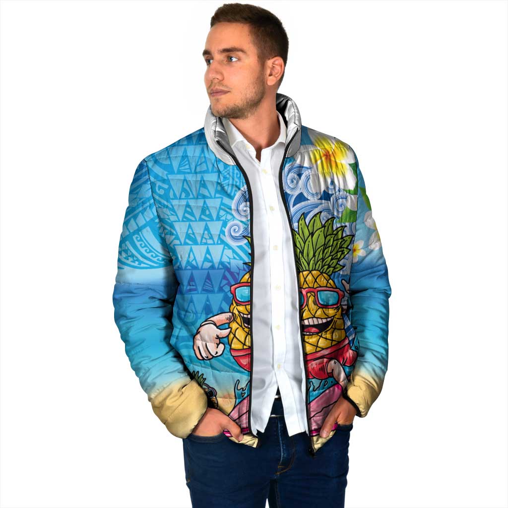 Hawaiian Funny Pineapple Surfing Padded Jacket Beach with Tribal Kakau and Plumeria