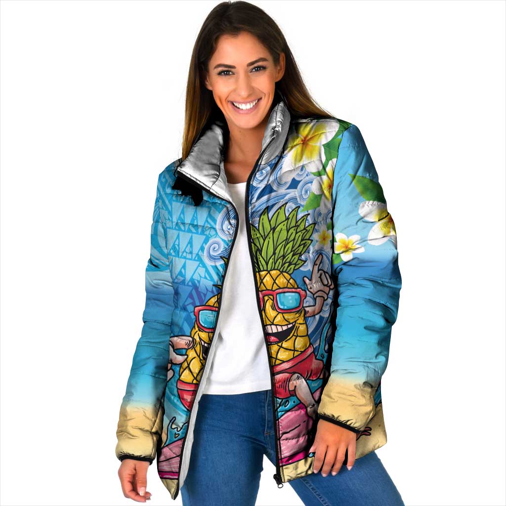 Hawaiian Funny Pineapple Surfing Padded Jacket Beach with Tribal Kakau and Plumeria